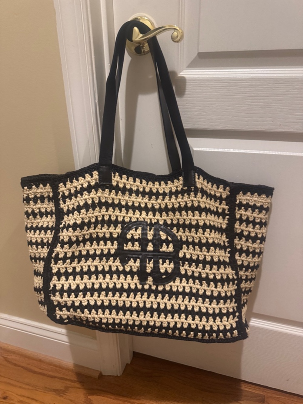 Anine Bing Black and Cream Woven Tote with Signature Monogram - Picture 3 of 5